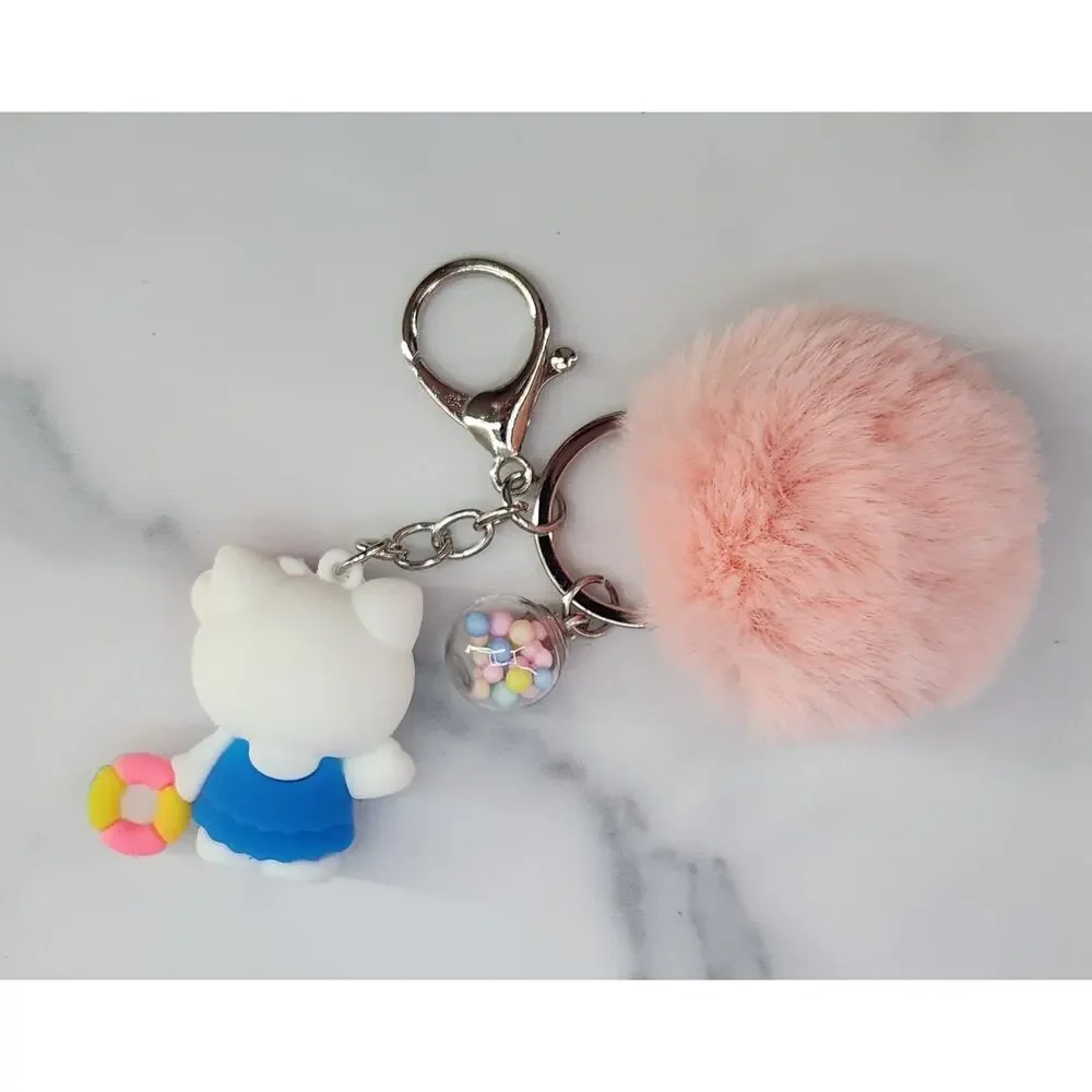 Hello Kitty 3D Figure Keychain, puff ball & mini bead filled bubble Blue & Peach